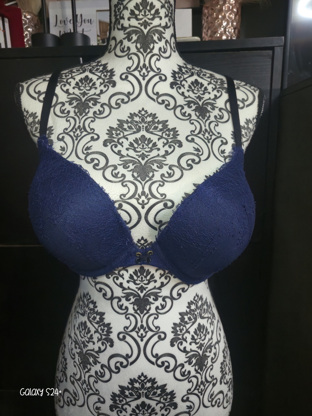 Victoria's Secret Navy Lace Bombshell Bra with Black Straps
